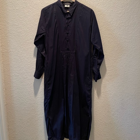 Eskandar navy blue 100% cotton button front detail midi to long length dress